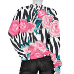 Black White Zebra Floral Pattern Print Women's Crewneck Sweatshirt GearFrost
