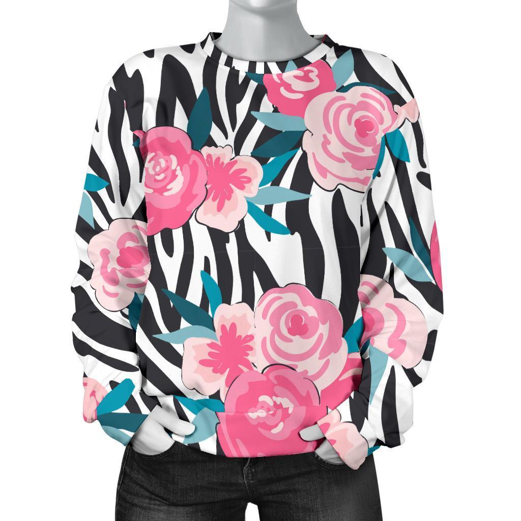 Black White Zebra Floral Pattern Print Women's Crewneck Sweatshirt GearFrost