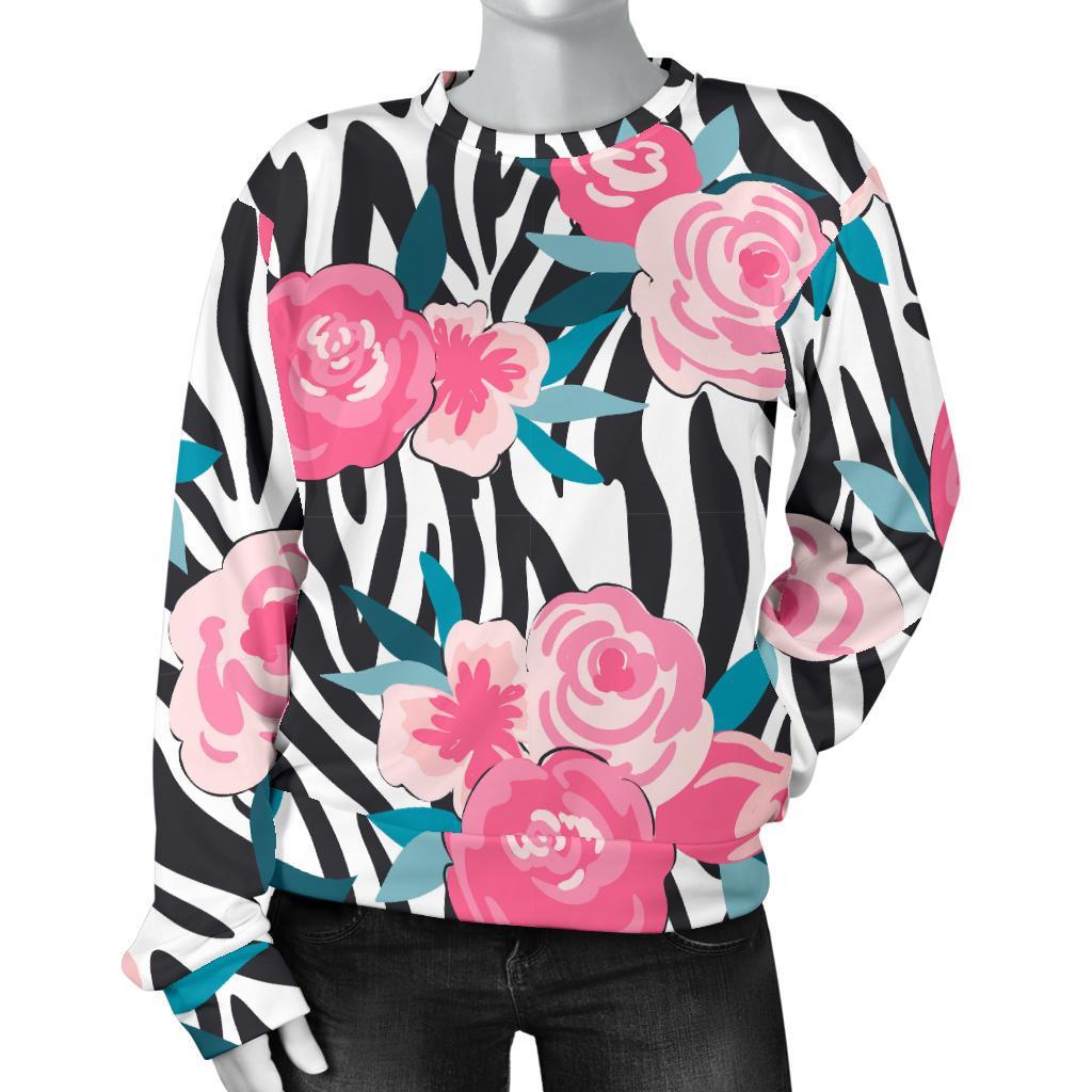 Black White Zebra Floral Pattern Print Women's Crewneck Sweatshirt GearFrost