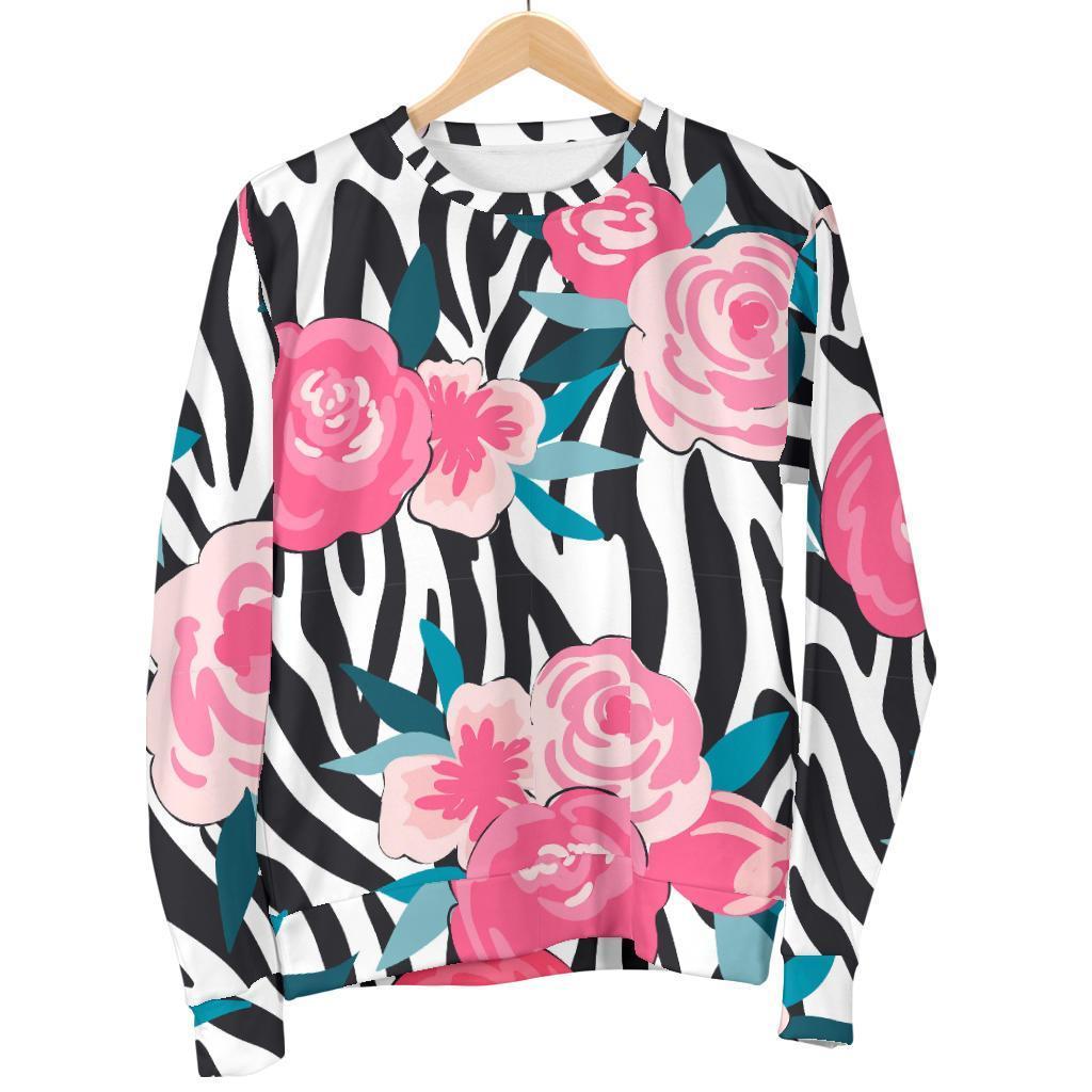 Black White Zebra Floral Pattern Print Women's Crewneck Sweatshirt GearFrost