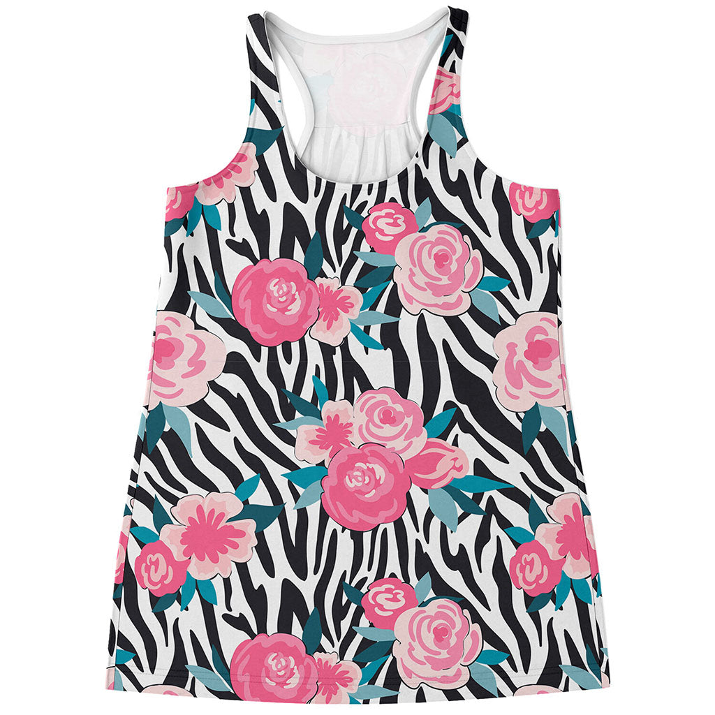 Black White Zebra Floral Pattern Print Women's Racerback Tank Top