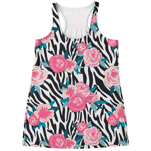 Black White Zebra Floral Pattern Print Women's Racerback Tank Top