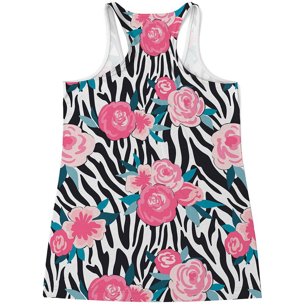 Black White Zebra Floral Pattern Print Women's Racerback Tank Top