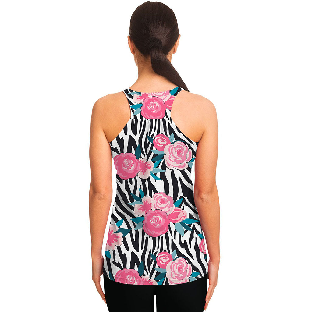 Black White Zebra Floral Pattern Print Women's Racerback Tank Top