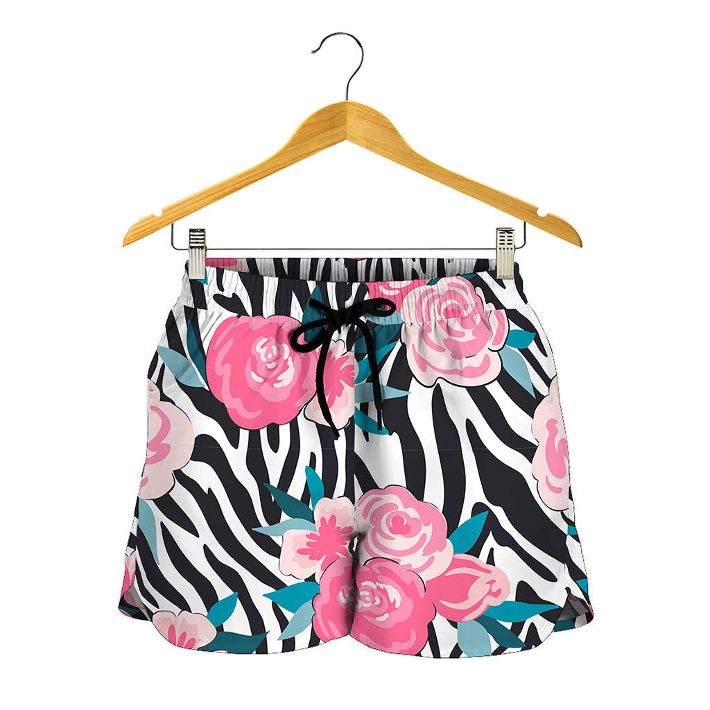 Black White Zebra Floral Pattern Print Women's Shorts