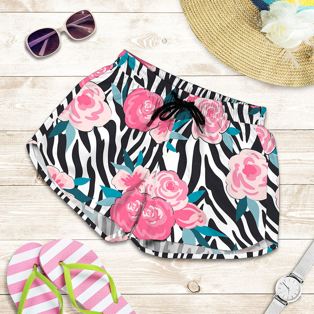 Black White Zebra Floral Pattern Print Women's Shorts