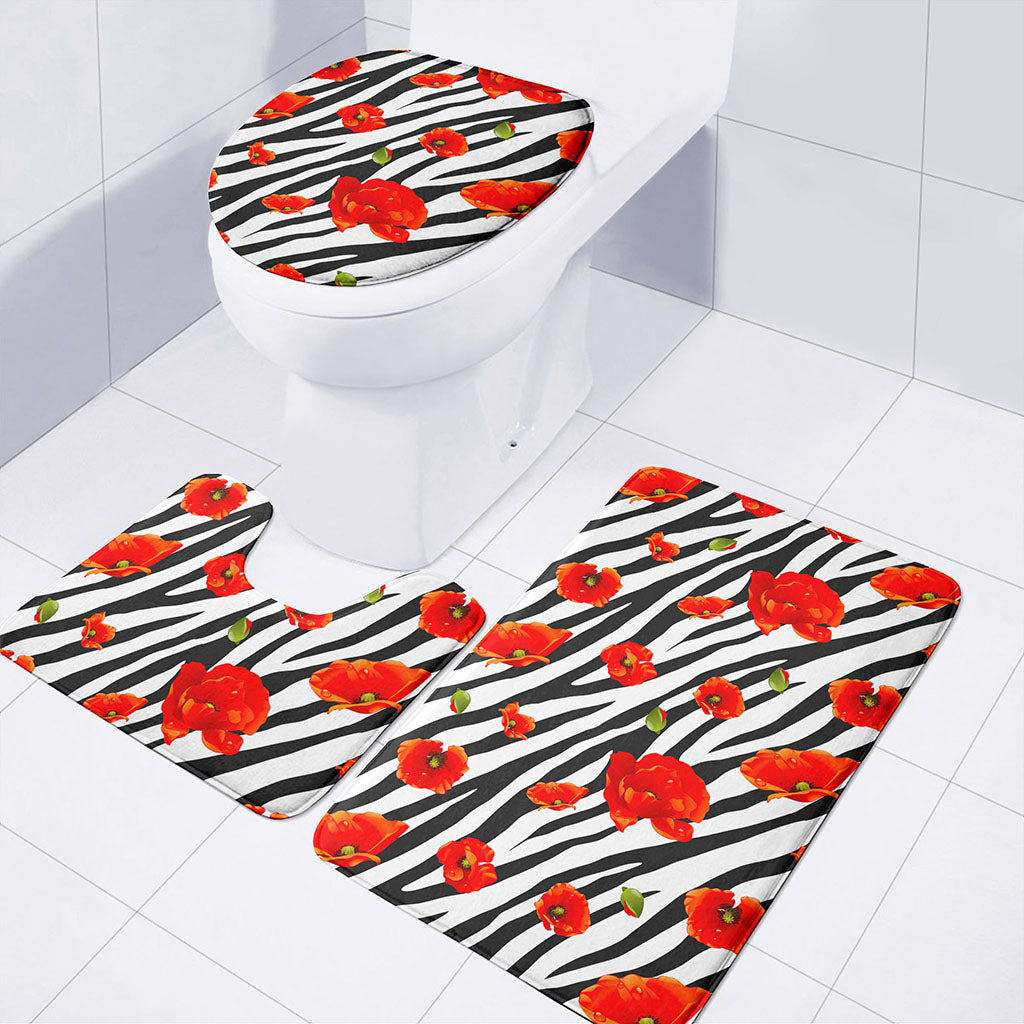 Black White Zebra Flower Pattern Print 3 Piece Bath Mat Set