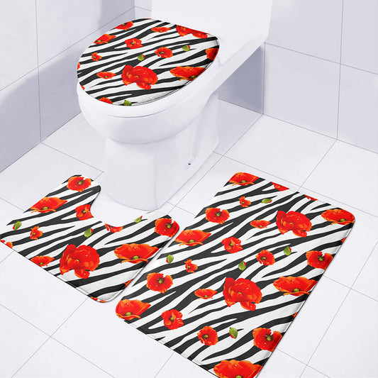 Black White Zebra Flower Pattern Print 3 Piece Bath Mat Set