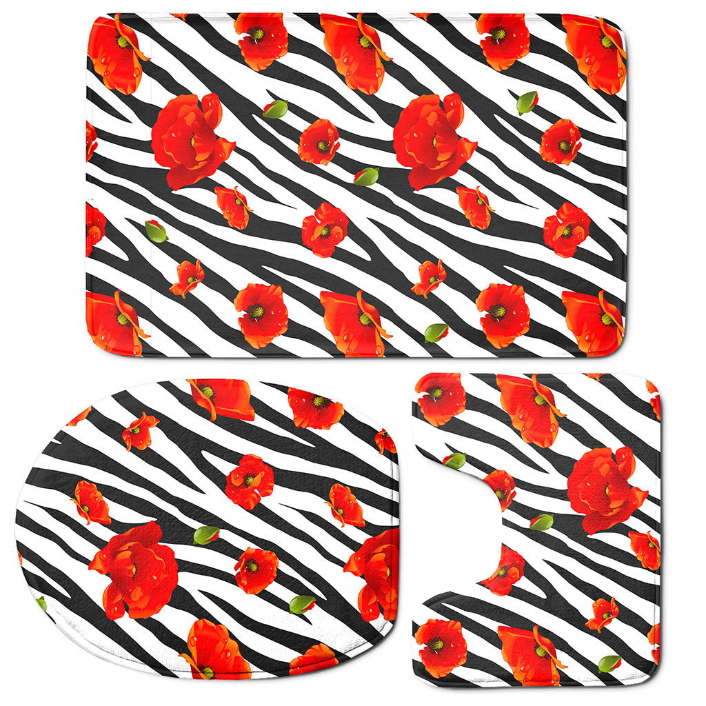 Black White Zebra Flower Pattern Print 3 Piece Bath Mat Set