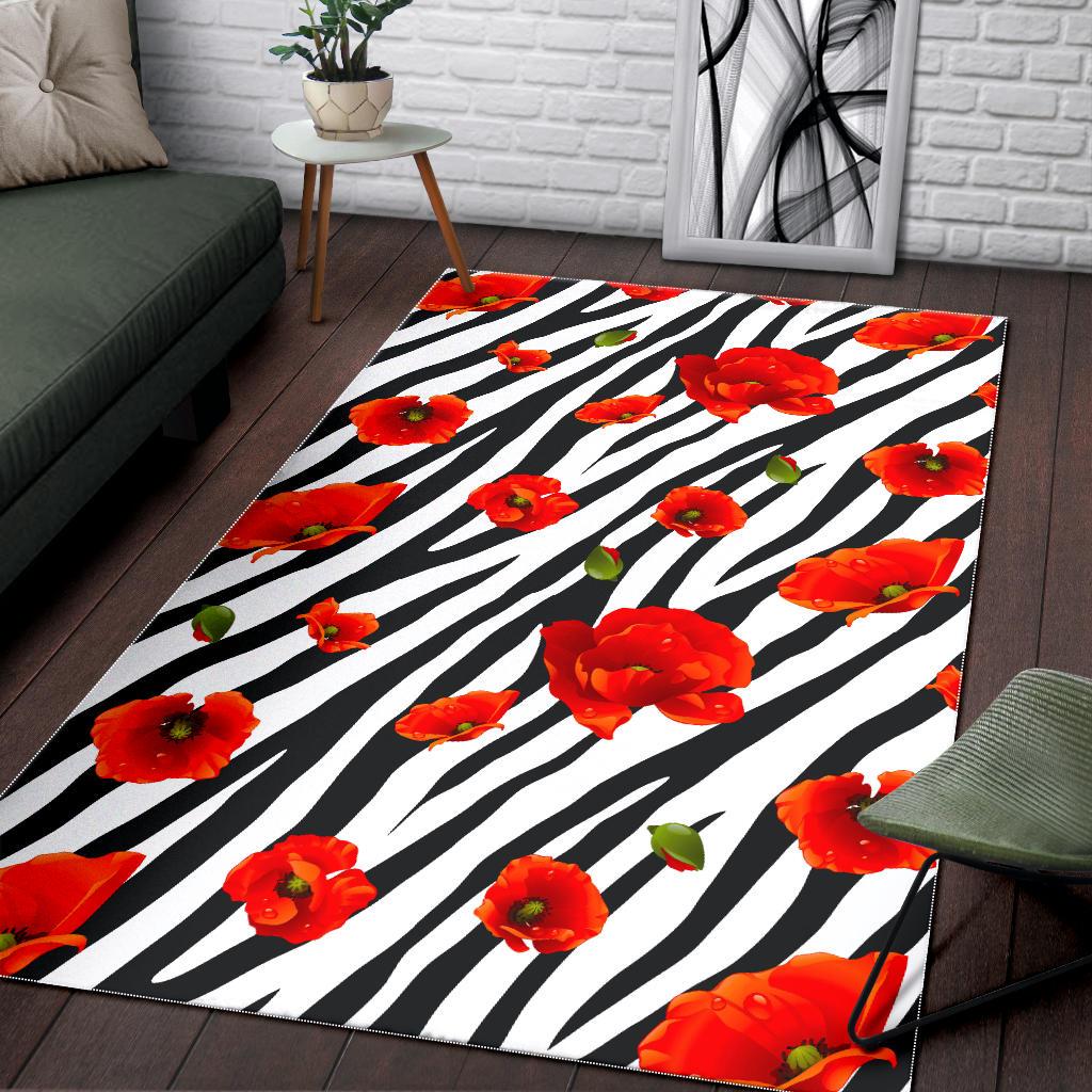 Black White Zebra Flower Pattern Print Area Rug GearFrost