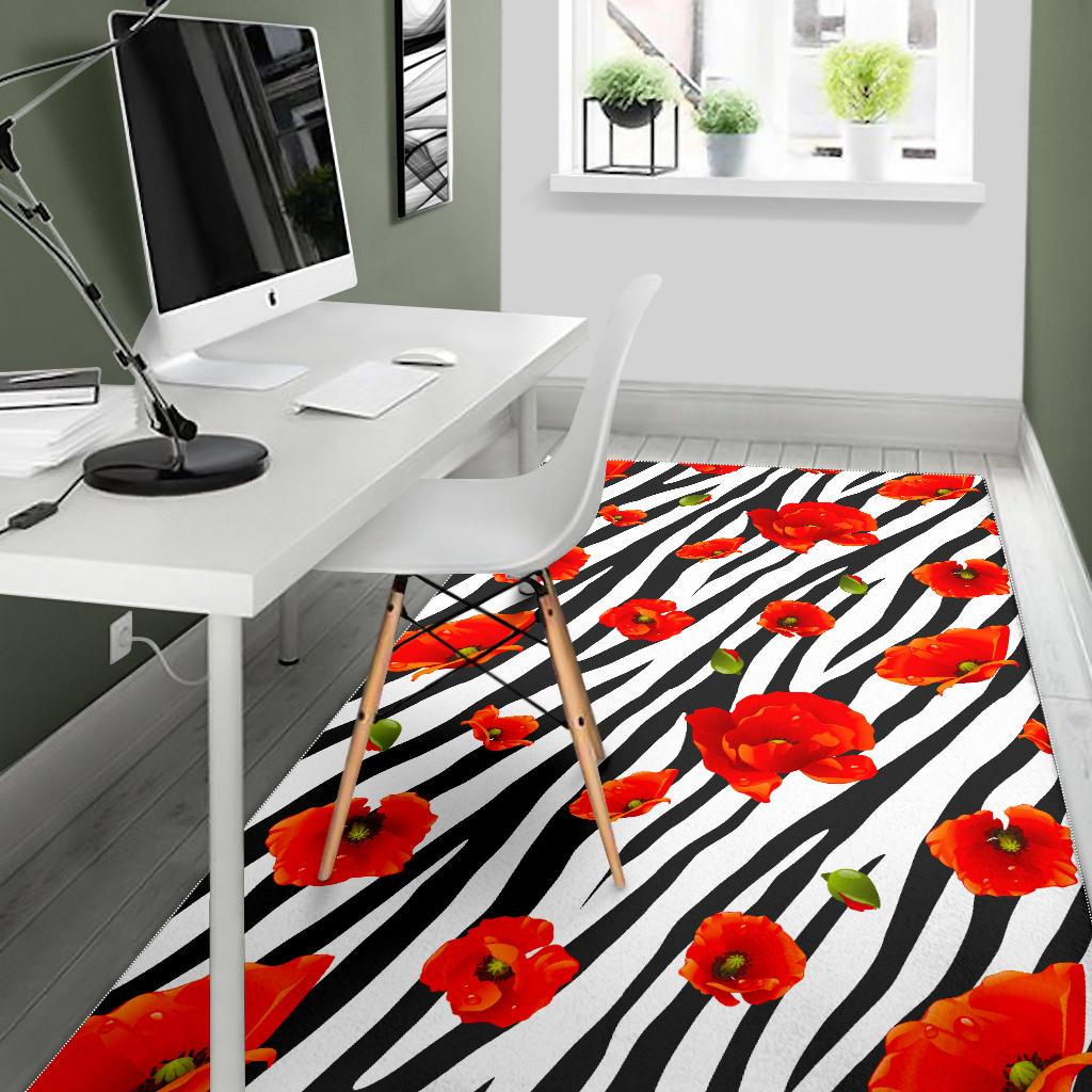 Black White Zebra Flower Pattern Print Area Rug GearFrost