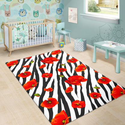 Black White Zebra Flower Pattern Print Area Rug GearFrost