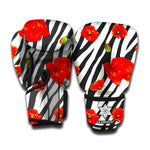 Black White Zebra Flower Pattern Print Boxing Gloves