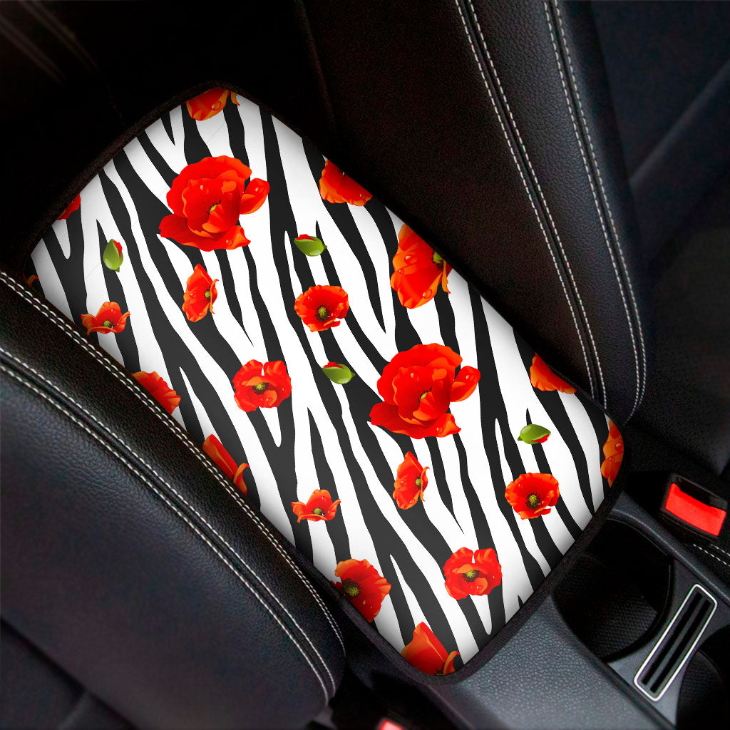 Black White Zebra Flower Pattern Print Car Center Console Cover