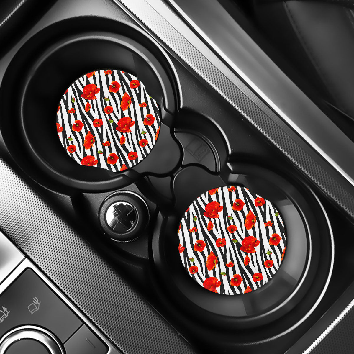 Black White Zebra Flower Pattern Print Car Coasters