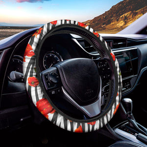 Black White Zebra Flower Pattern Print Car Steering Wheel Cover