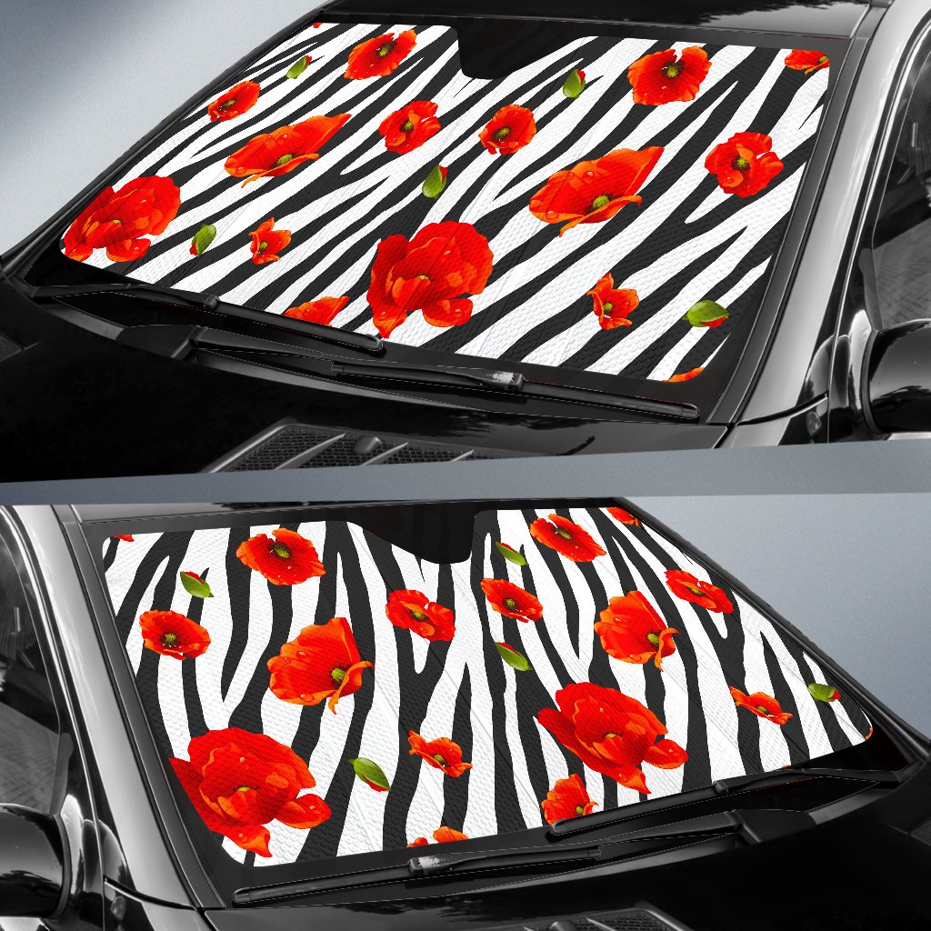 Black White Zebra Flower Pattern Print Car Sun Shade GearFrost