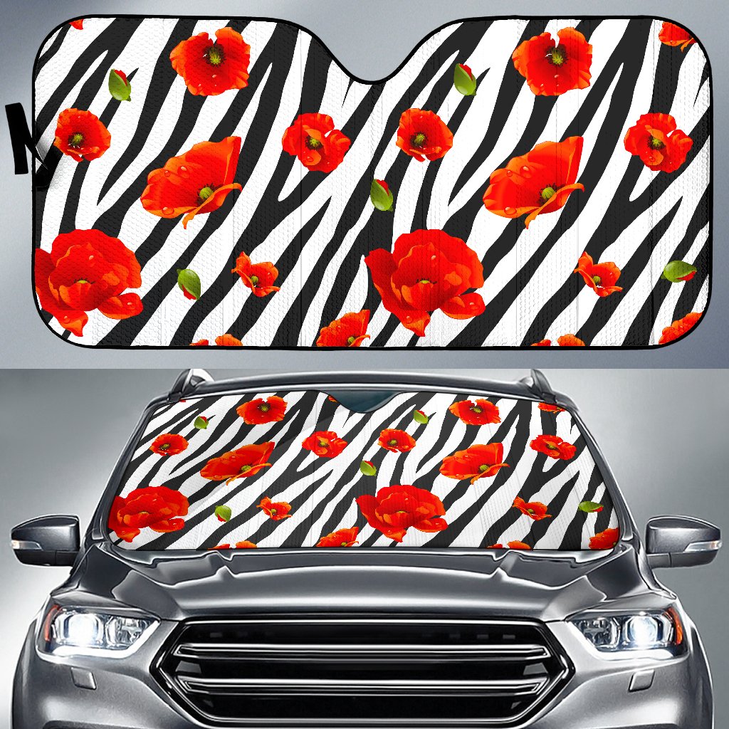 Black White Zebra Flower Pattern Print Car Sun Shade GearFrost