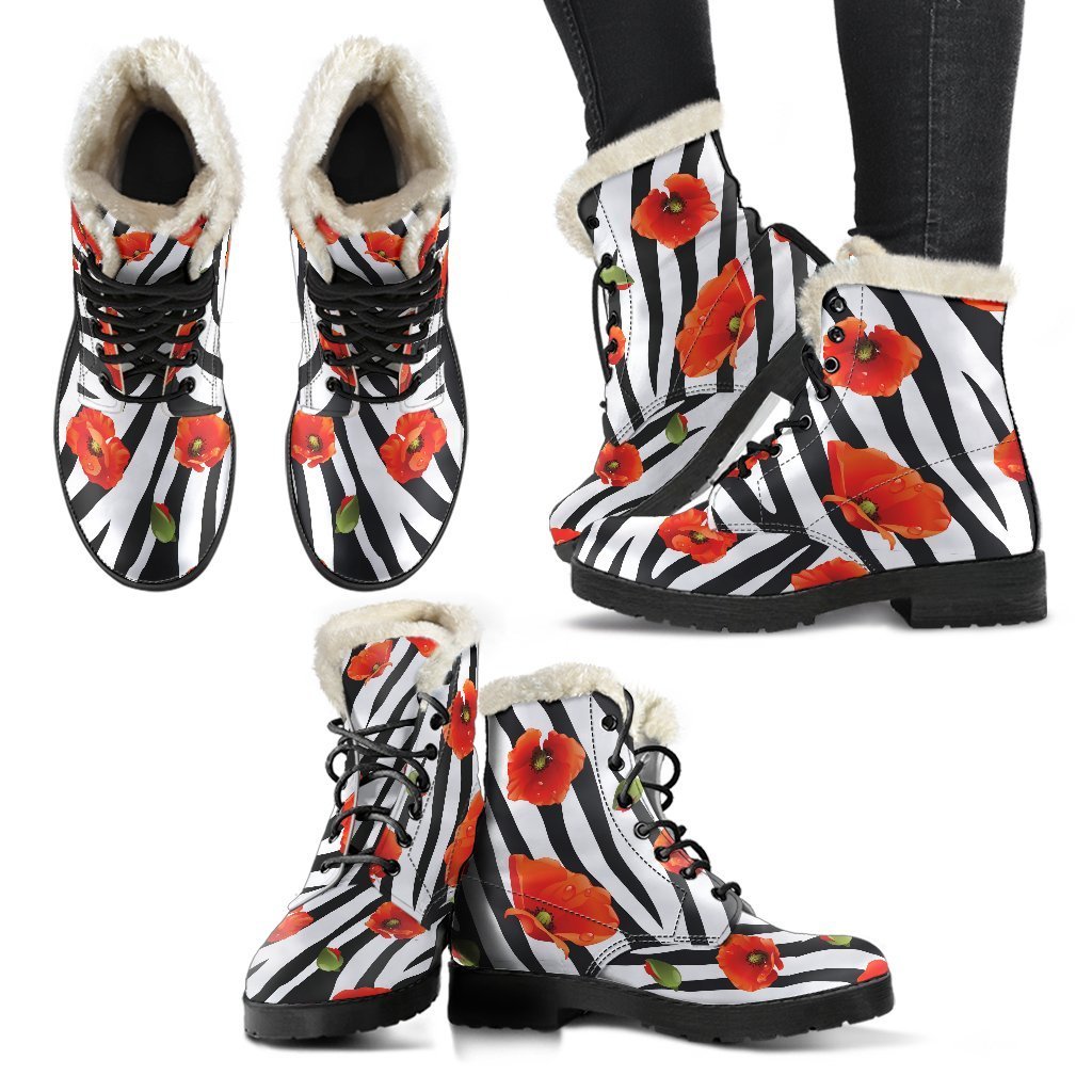 Black White Zebra Flower Pattern Print Comfy Boots GearFrost