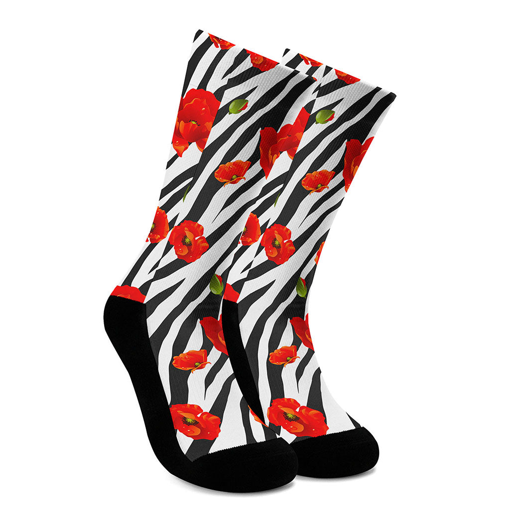 Black White Zebra Flower Pattern Print Crew Socks