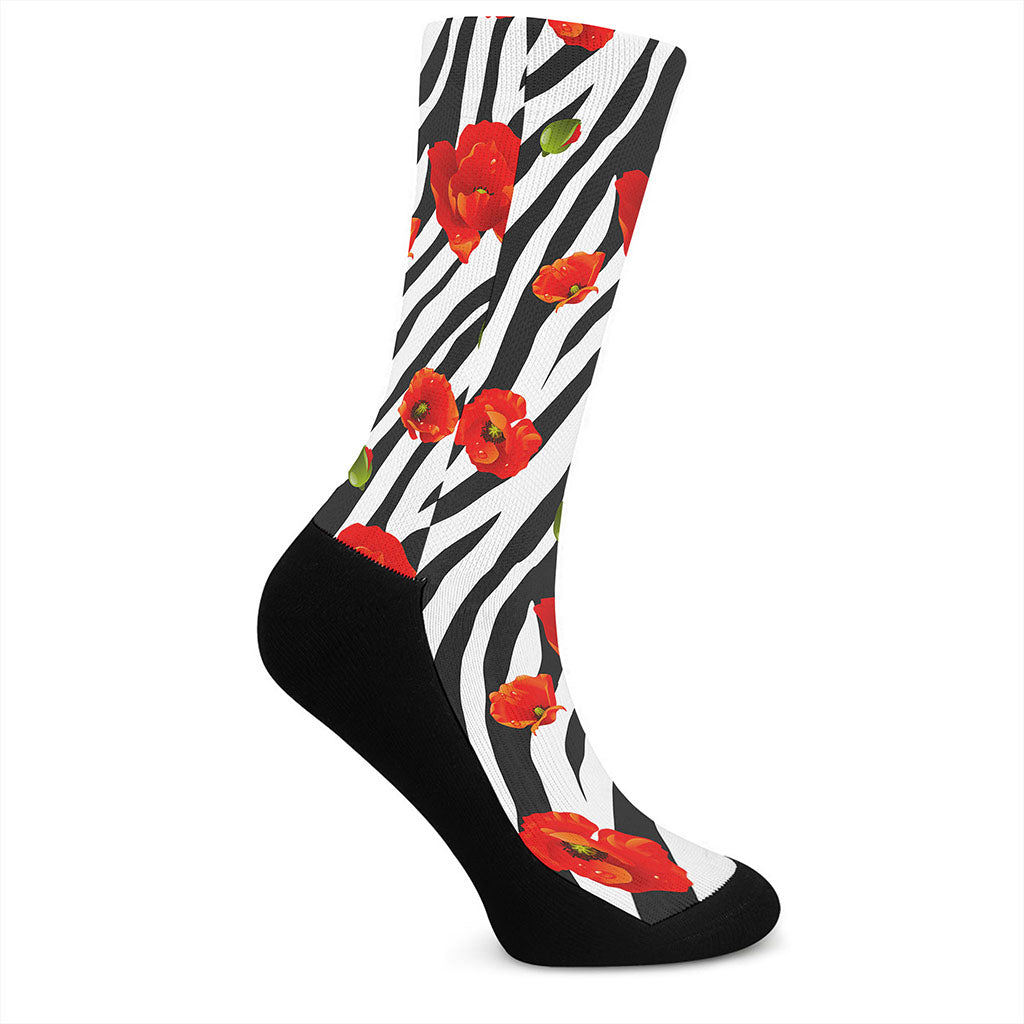 Black White Zebra Flower Pattern Print Crew Socks