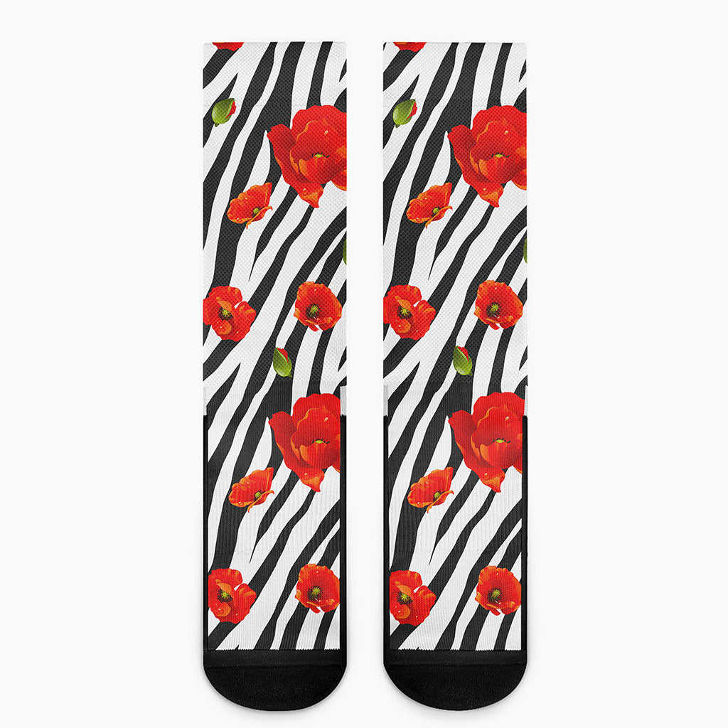 Black White Zebra Flower Pattern Print Crew Socks