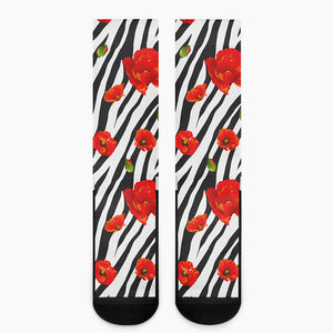 Black White Zebra Flower Pattern Print Crew Socks