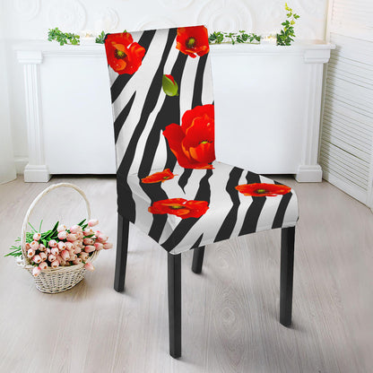 Black White Zebra Flower Pattern Print Dining Chair Slipcover
