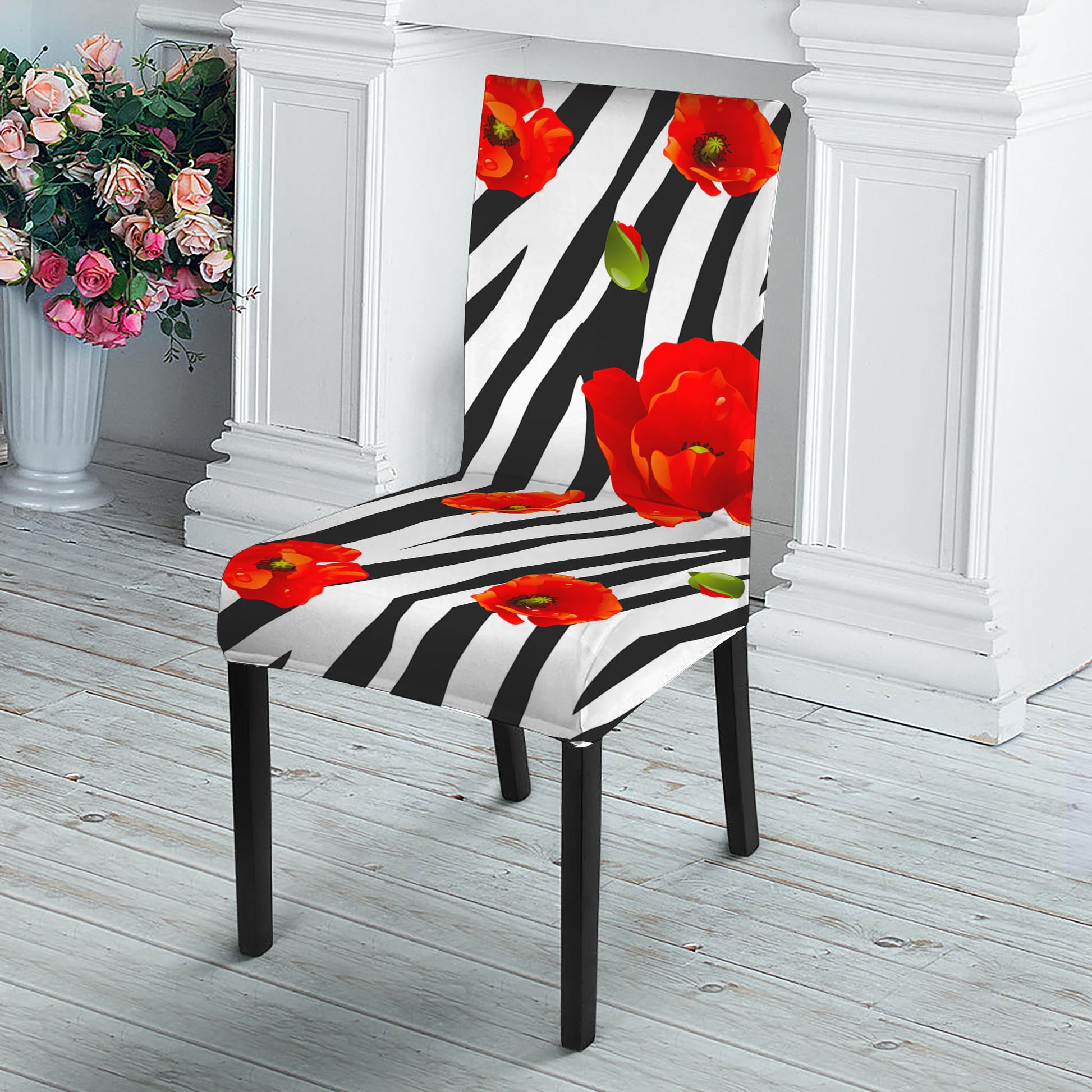Black White Zebra Flower Pattern Print Dining Chair Slipcover