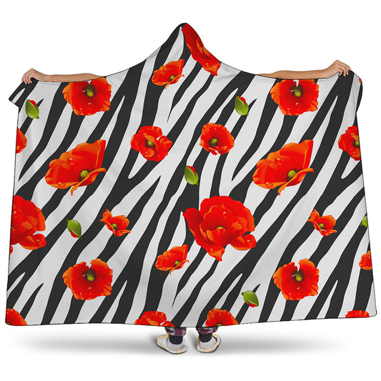 Black White Zebra Flower Pattern Print Hooded Blanket