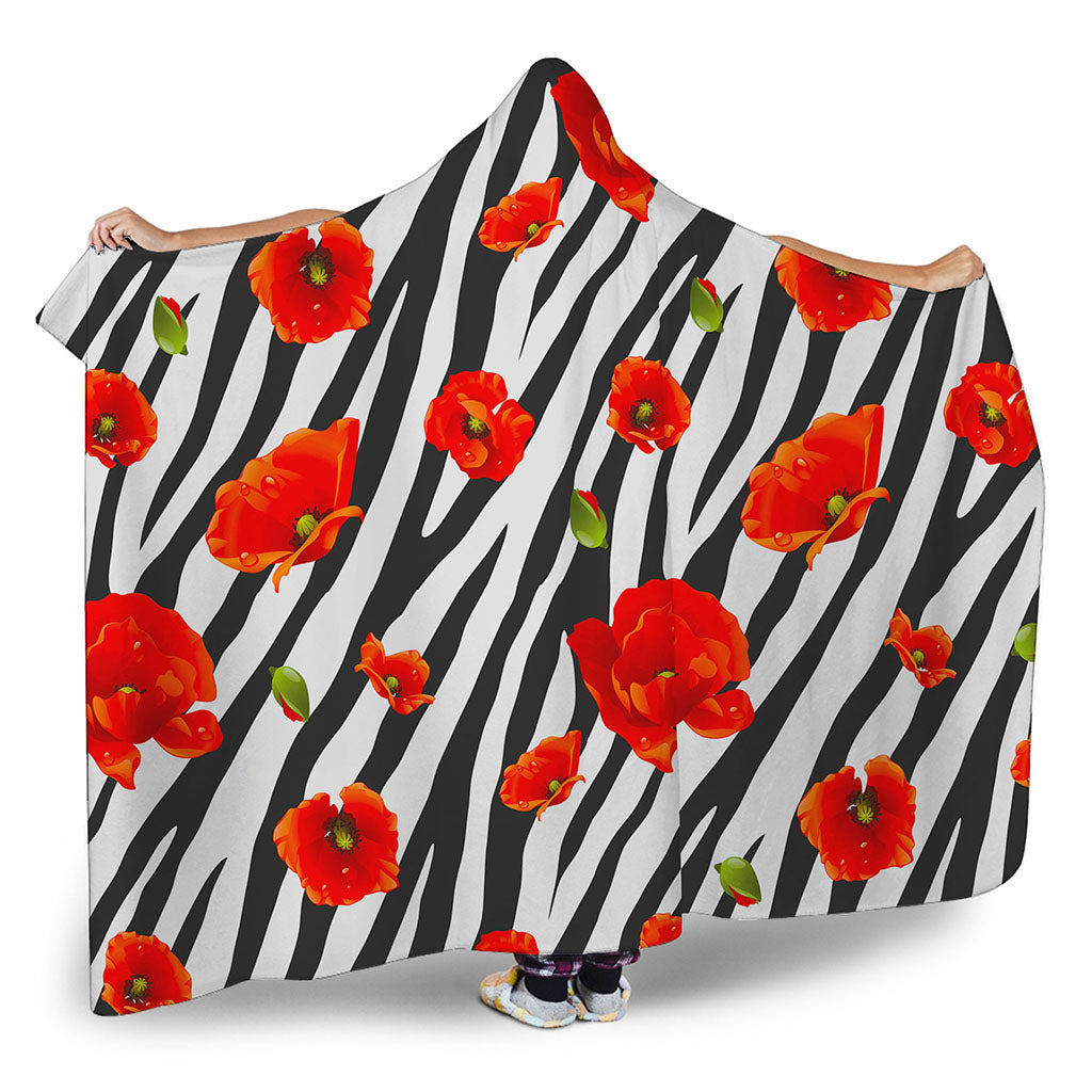 Black White Zebra Flower Pattern Print Hooded Blanket