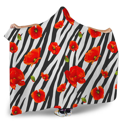 Black White Zebra Flower Pattern Print Hooded Blanket