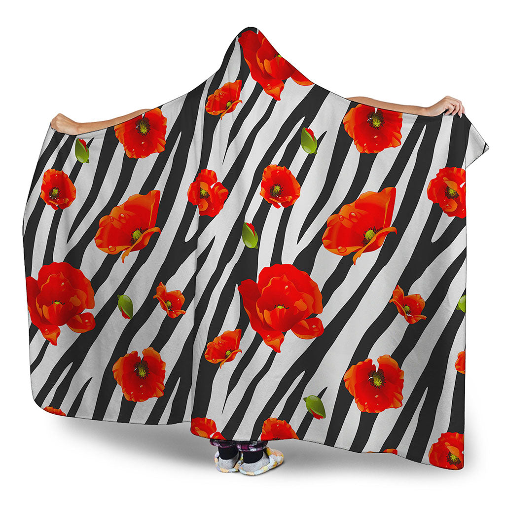 Black White Zebra Flower Pattern Print Hooded Blanket