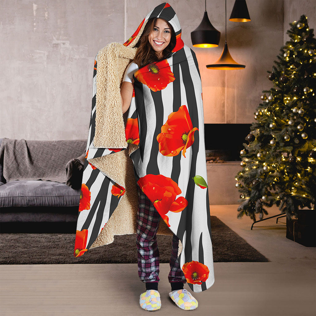 Black White Zebra Flower Pattern Print Hooded Blanket