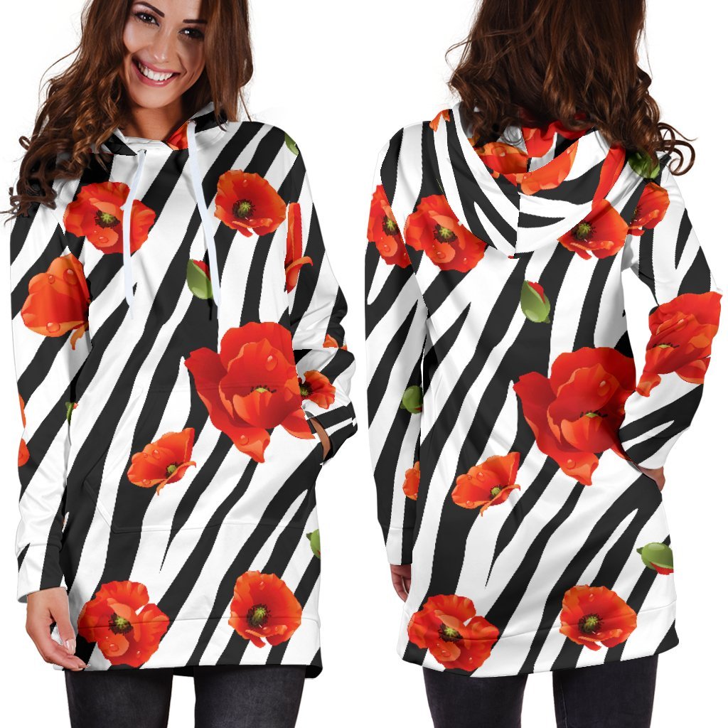 Black White Zebra Flower Pattern Print Hoodie Dress GearFrost