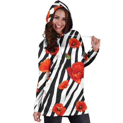 Black White Zebra Flower Pattern Print Hoodie Dress GearFrost
