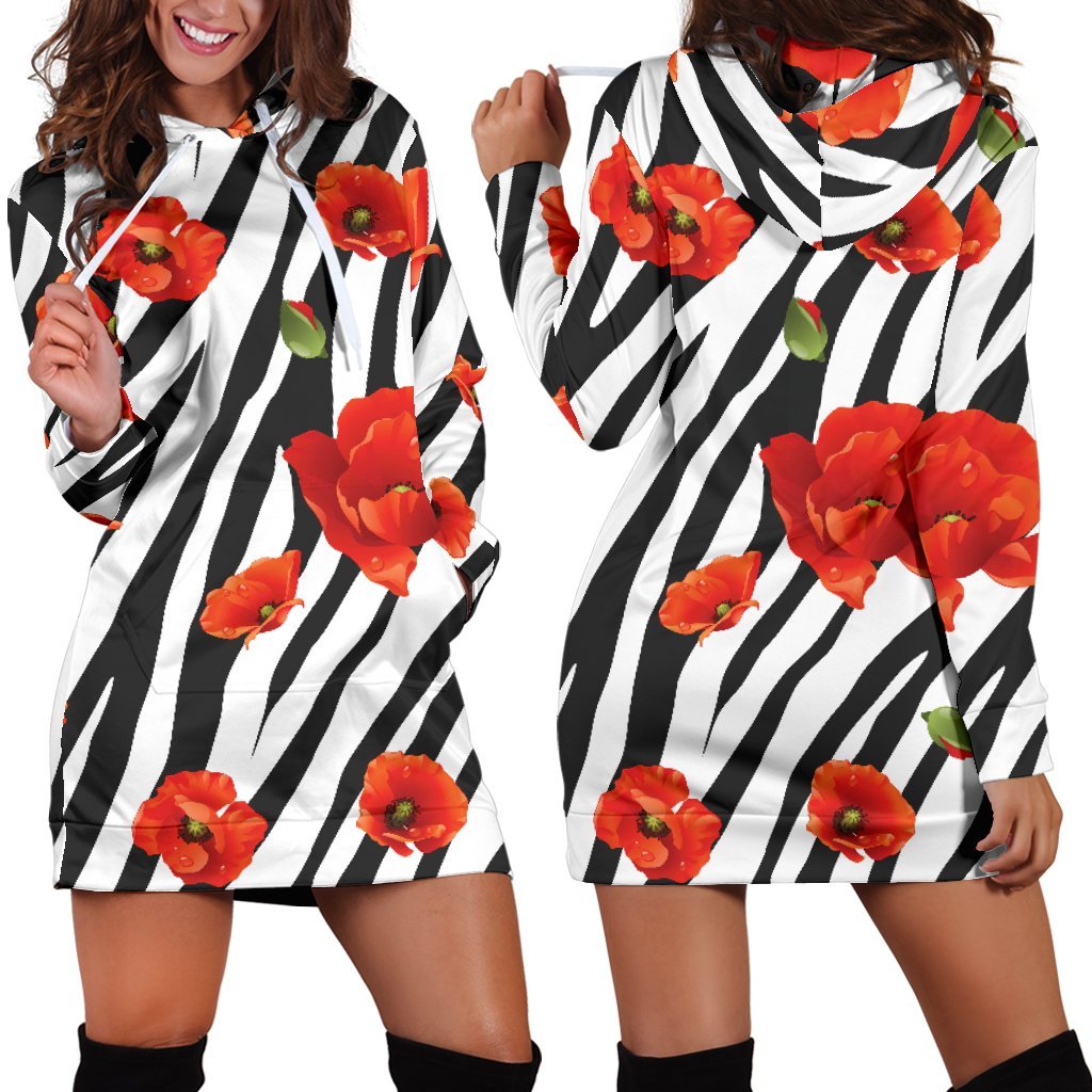 Black White Zebra Flower Pattern Print Hoodie Dress GearFrost