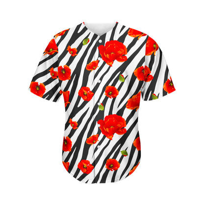 Black White Zebra Flower Pattern Print Men's Baseball Jersey