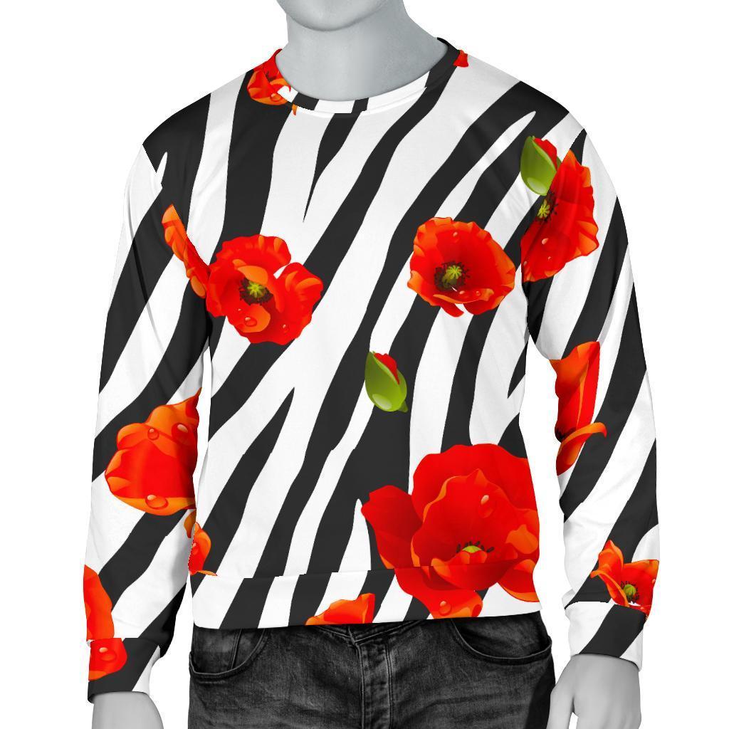 Black White Zebra Flower Pattern Print Men's Crewneck Sweatshirt GearFrost