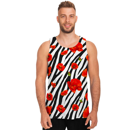 Black White Zebra Flower Pattern Print Men's Tank Top