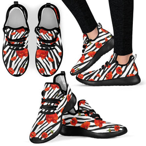 Black White Zebra Flower Pattern Print Mesh Knit Shoes GearFrost