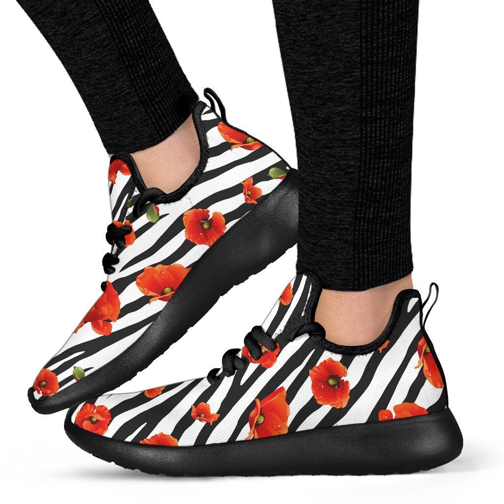 Black White Zebra Flower Pattern Print Mesh Knit Shoes GearFrost