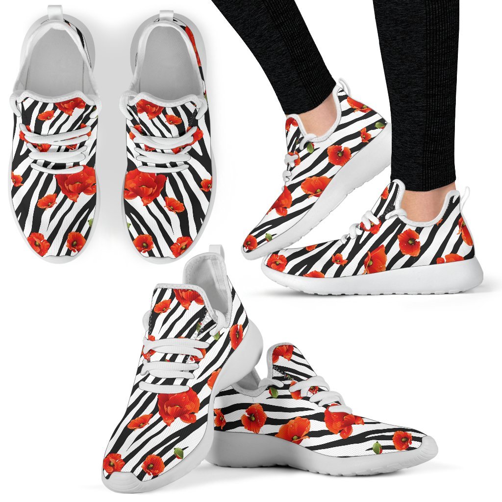 Black White Zebra Flower Pattern Print Mesh Knit Shoes GearFrost