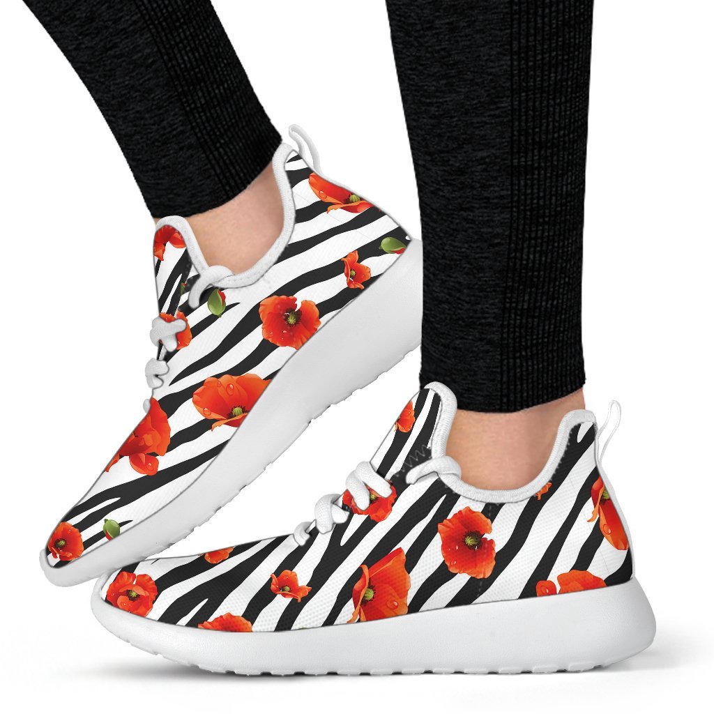 Black White Zebra Flower Pattern Print Mesh Knit Shoes GearFrost