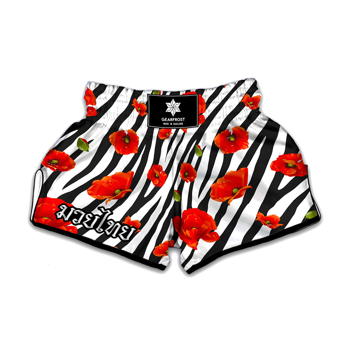 Black White Zebra Flower Pattern Print Muay Thai Boxing Shorts