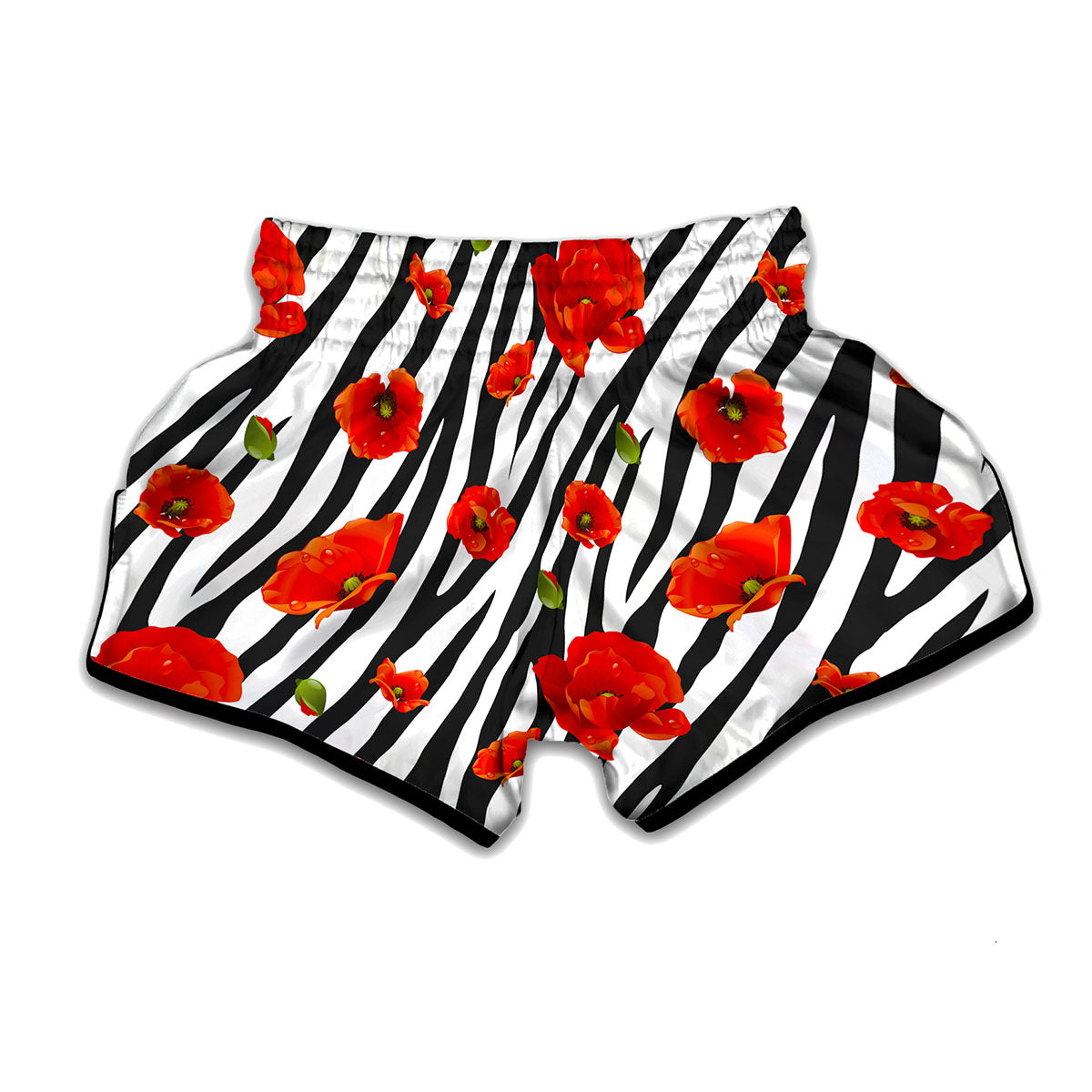 Black White Zebra Flower Pattern Print Muay Thai Boxing Shorts