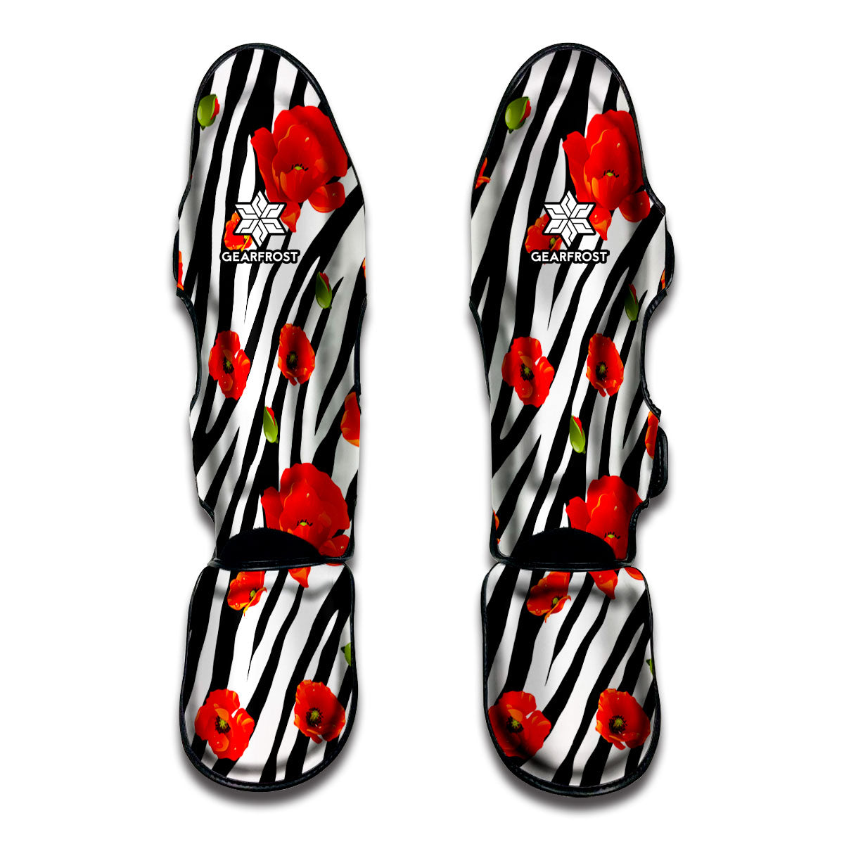 Black White Zebra Flower Pattern Print Muay Thai Shin Guard