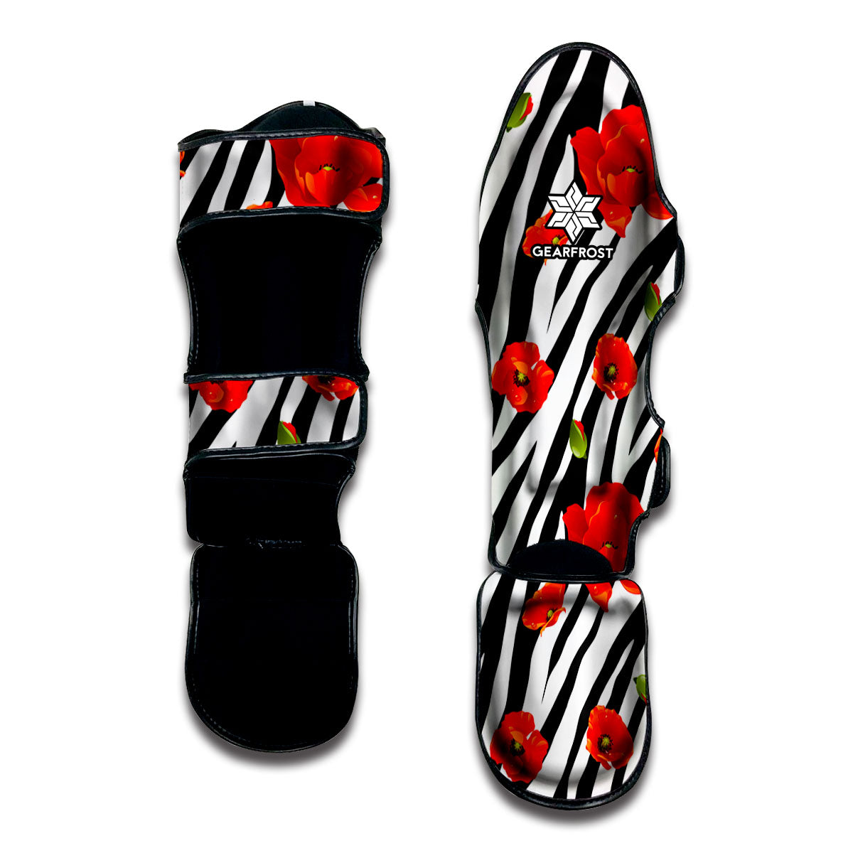 Black White Zebra Flower Pattern Print Muay Thai Shin Guard