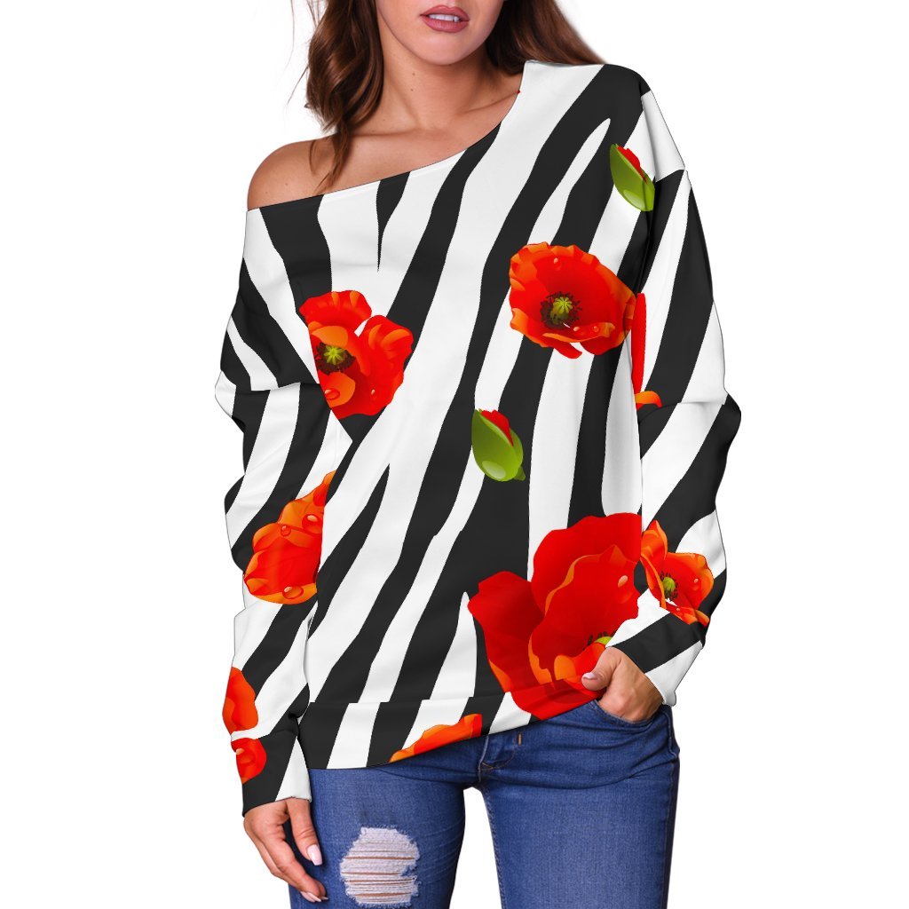 Black White Zebra Flower Pattern Print Off Shoulder Sweatshirt GearFrost