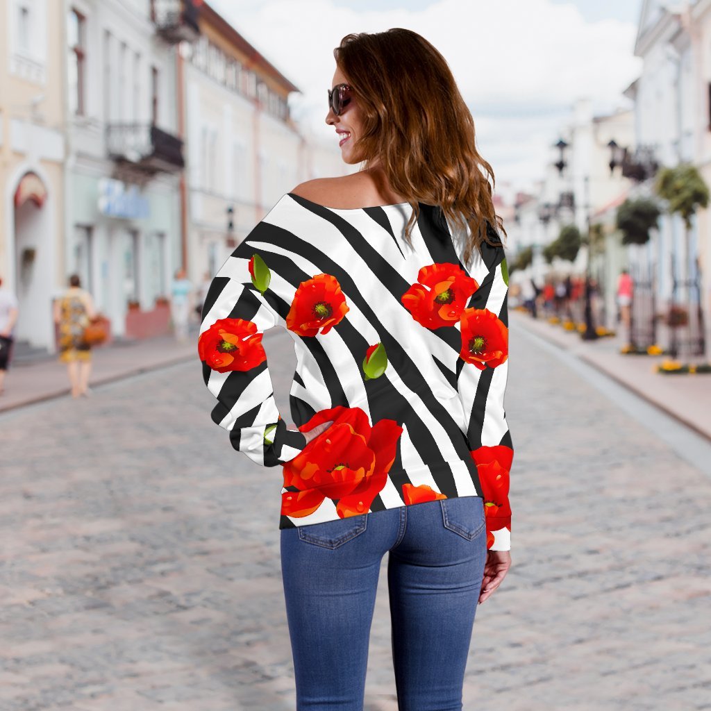 Black White Zebra Flower Pattern Print Off Shoulder Sweatshirt GearFrost